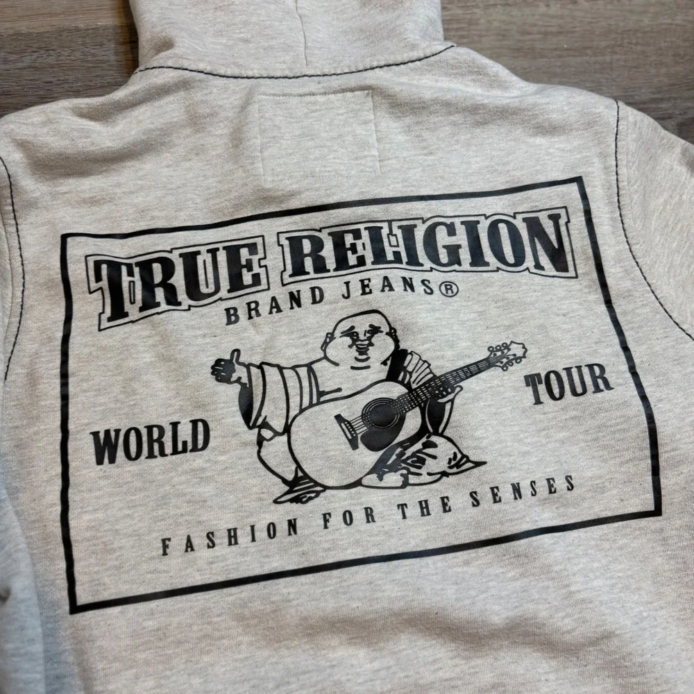 True Religion Mens Oatmeal Heather Buddha World Tour Zip Up Hoodie Grey Medium